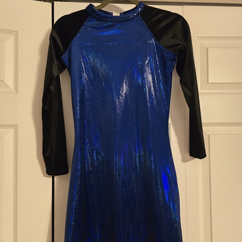 Blue and Black Shiny Dress. Velvet Sleeves.